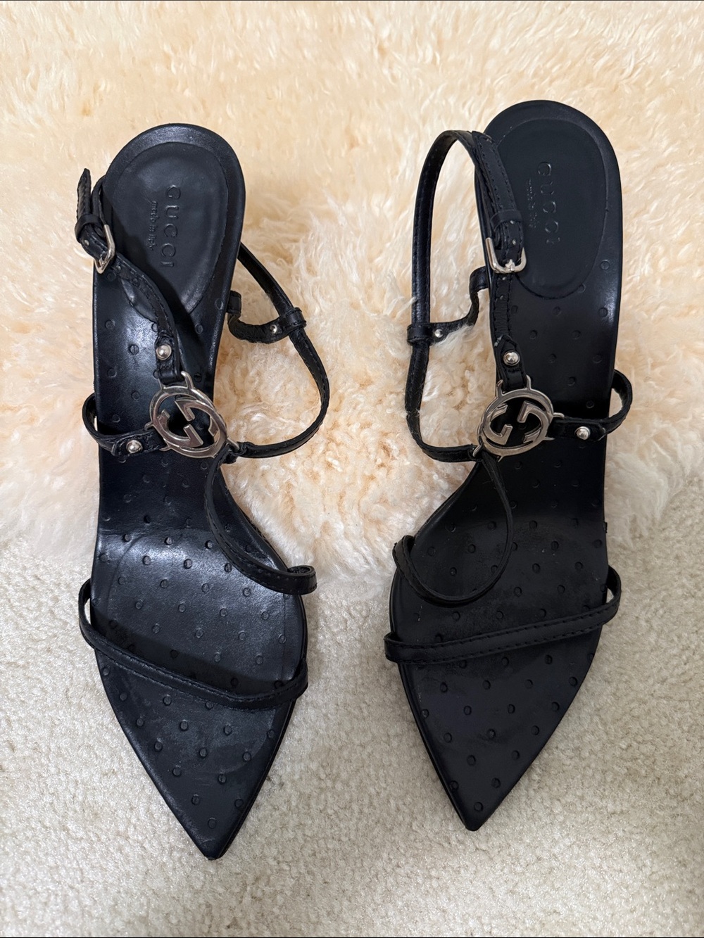 Gucci by Tom Ford Black Italian Leather Pointed-Toe Strappy Heels with Silver GG
